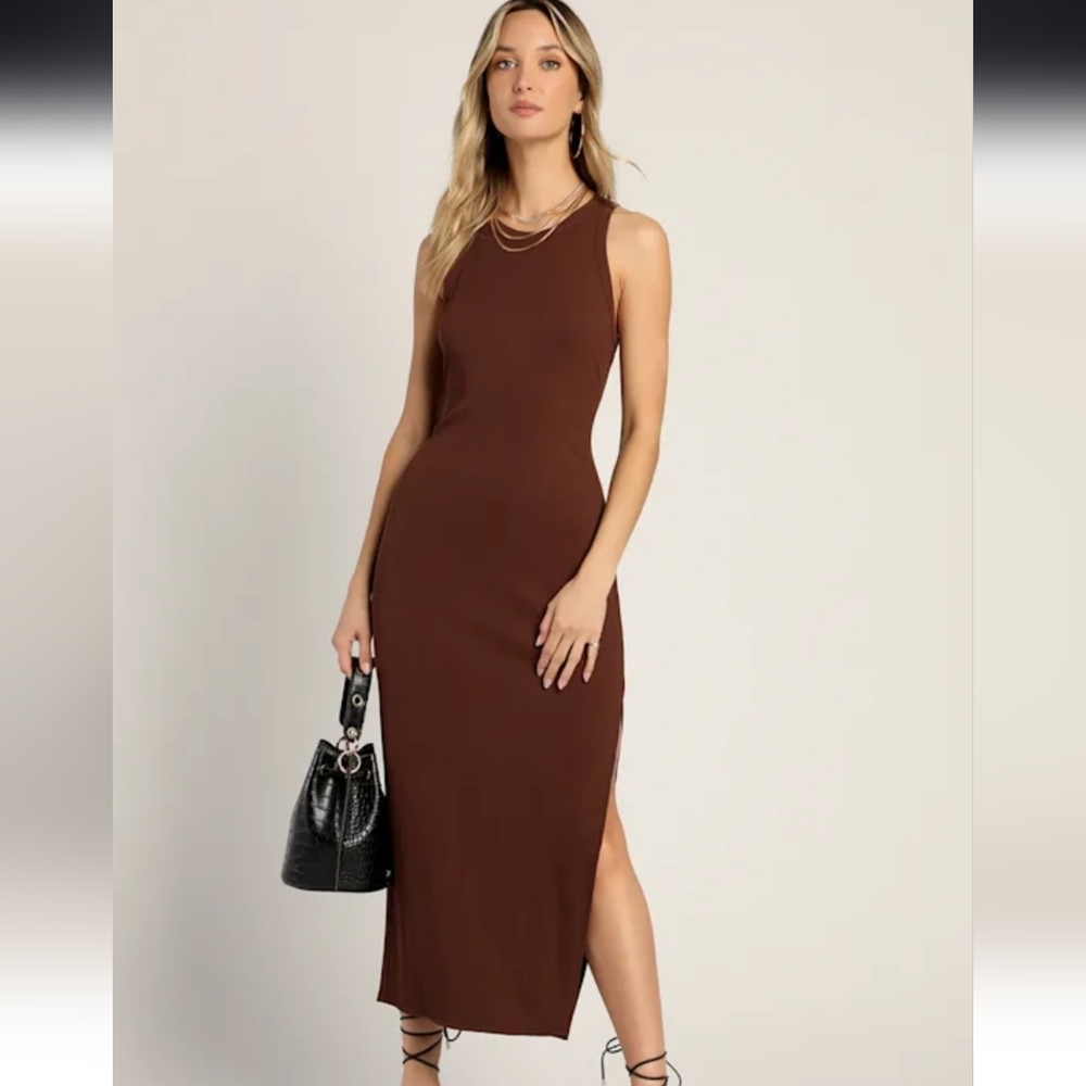 NWT Lulus Brown Ribbed Bodycon Midi Dress